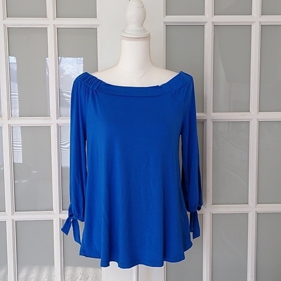 Cable & Gauge Cobalt Blue Off The Shoulder Tie Sleeve Blouse - Picture 2 of 12